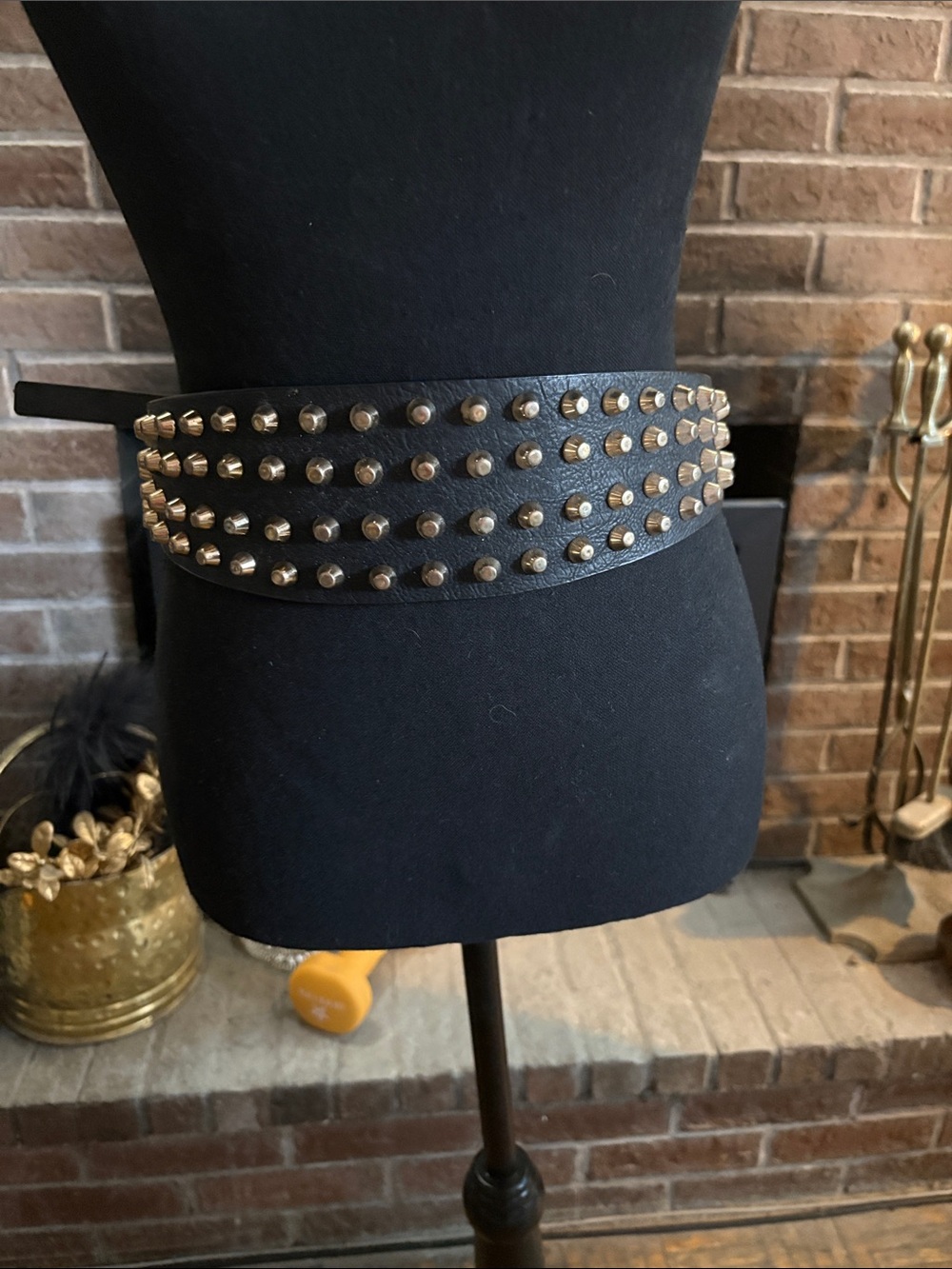 Zara Black Leather Studded Waist Belt with Gold-Tone Rivets